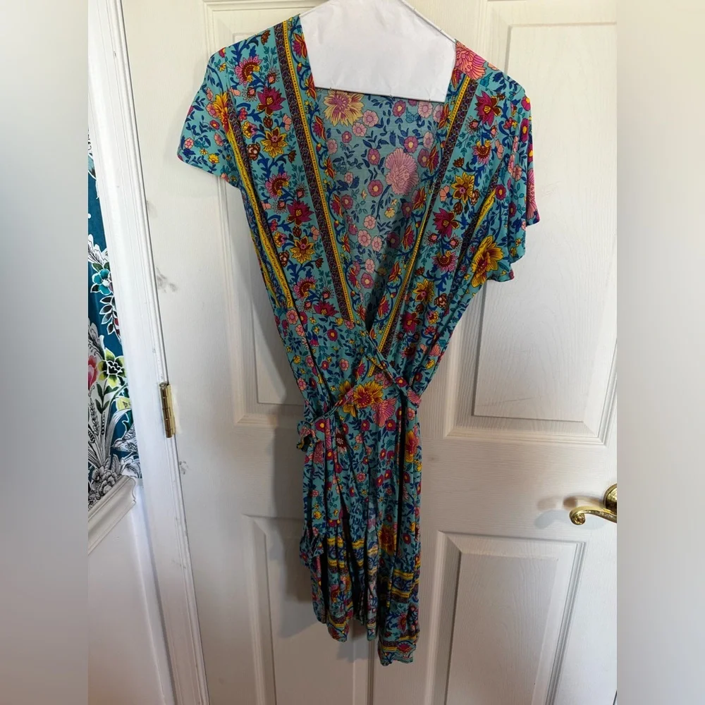 Boho Floral Print Teal Mini Wrap Dress Medium - Picture 4 of 6